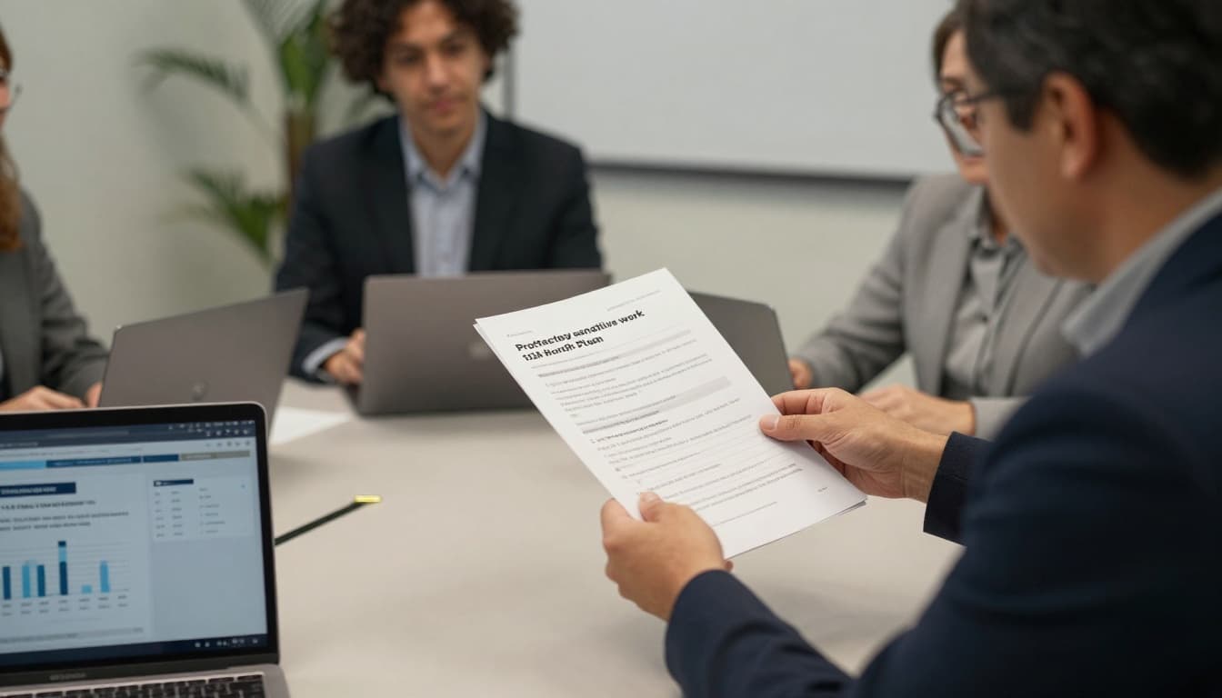 Consultant handing over a risk register and 12-month plan in a meeting.
