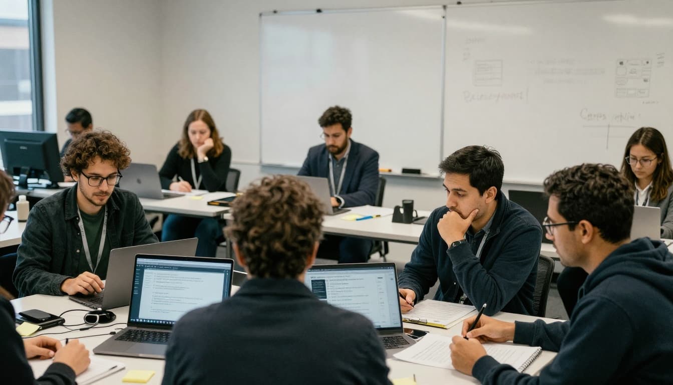Team practicing a short cybersecurity drill in a small office