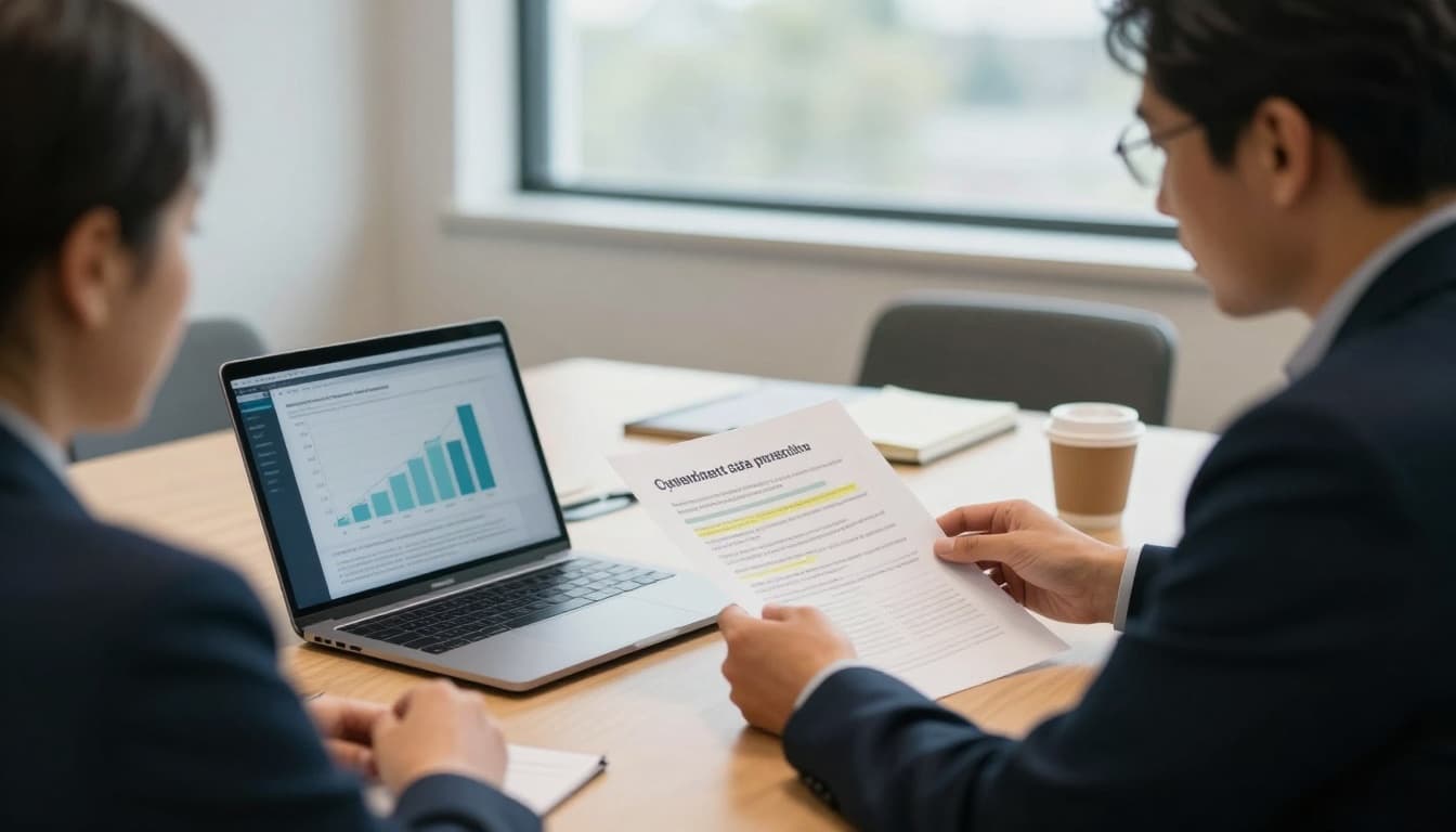 In a softly lit small conference room, two executive leaders collaborate at a wooden table, one viewing anonymized risk charts on a laptop over-the-shoulder, the other holding a highlighted printed document, discussing client data protection for an access to justice nonprofit.