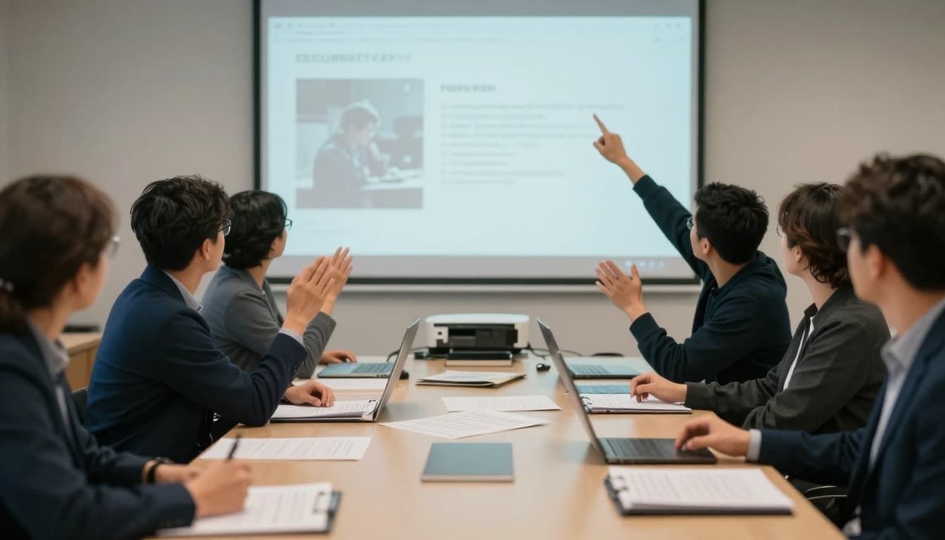 A group of staff in a modern training room engages in a calm cybersecurity training session, discussing phishing examples with hands raised toward a blurred projected screen. The photo-realistic image evokes focused resilience in soft natural light with New England-inspired color tones.