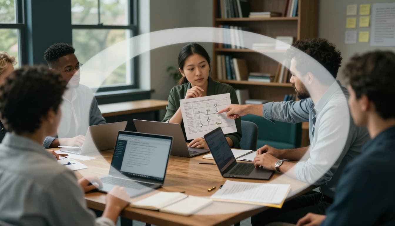A diverse group of professionals in business casual gathers in a modest nonprofit conference room, collaboratively reviewing a breach response plan around a wooden table with laptops, notebooks, and printed checklists under soft natural daylight.