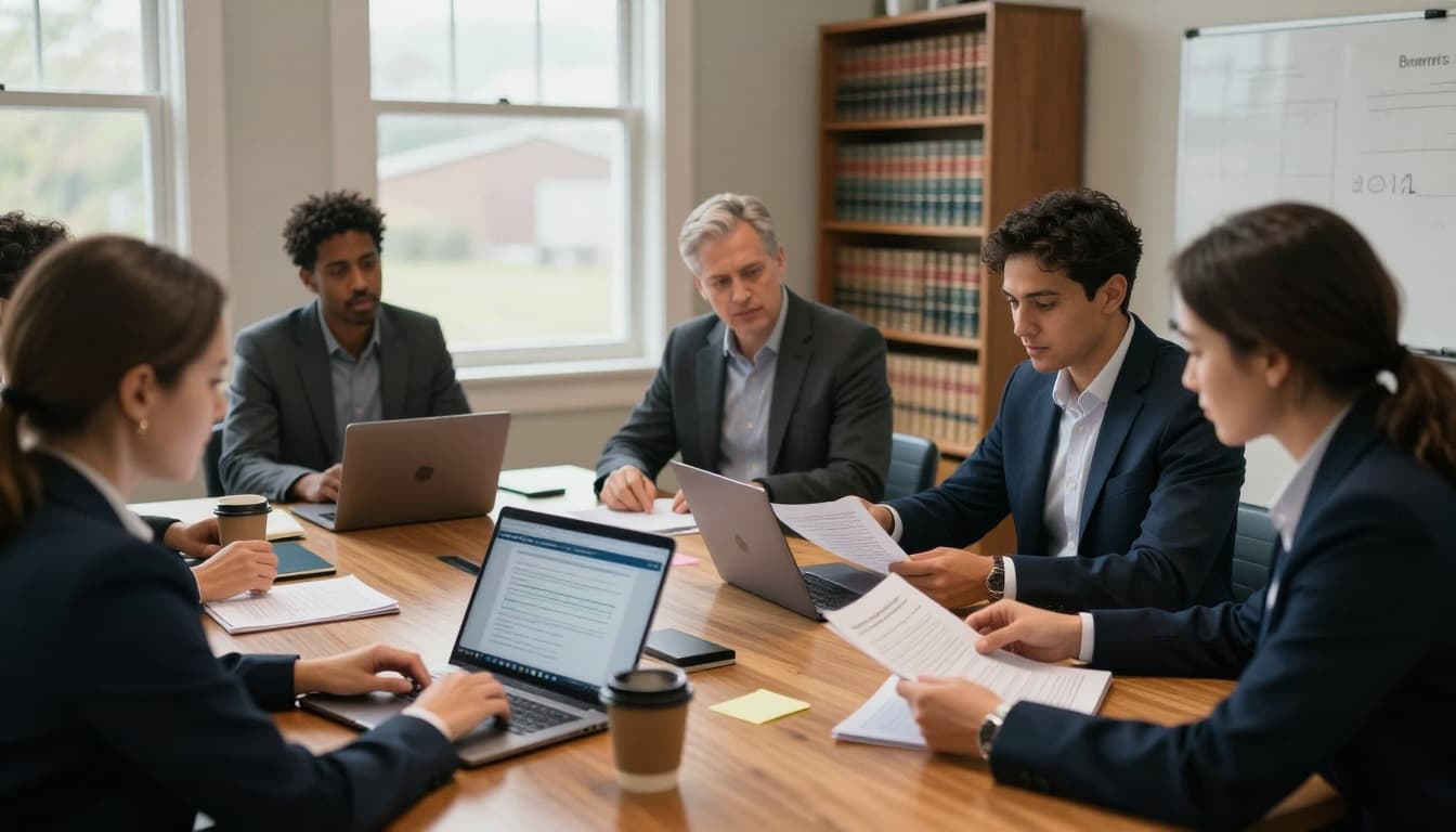 A diverse group of executives and nonprofit leaders in business casual attire collaborates around a wooden conference table in a softly lit room, reviewing printed documents and laptops for a data breach response.