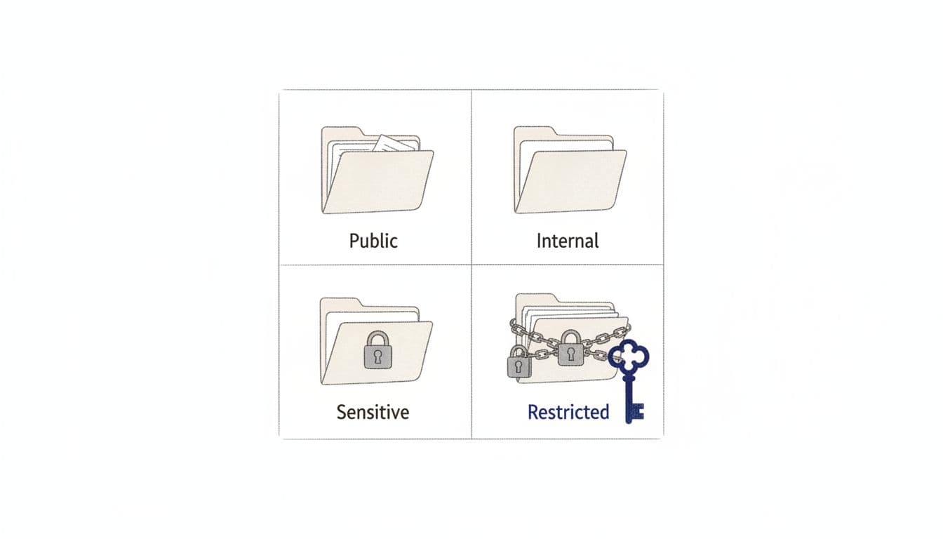 Minimalist sketch-style line art illustration of a 2x2 matrix depicting data classification levels: Public (open folder), Internal (semi-open folder), Sensitive (locked folder), and Restricted (heavily locked folder with key), using thin lines and neutral tones with a blue accent.