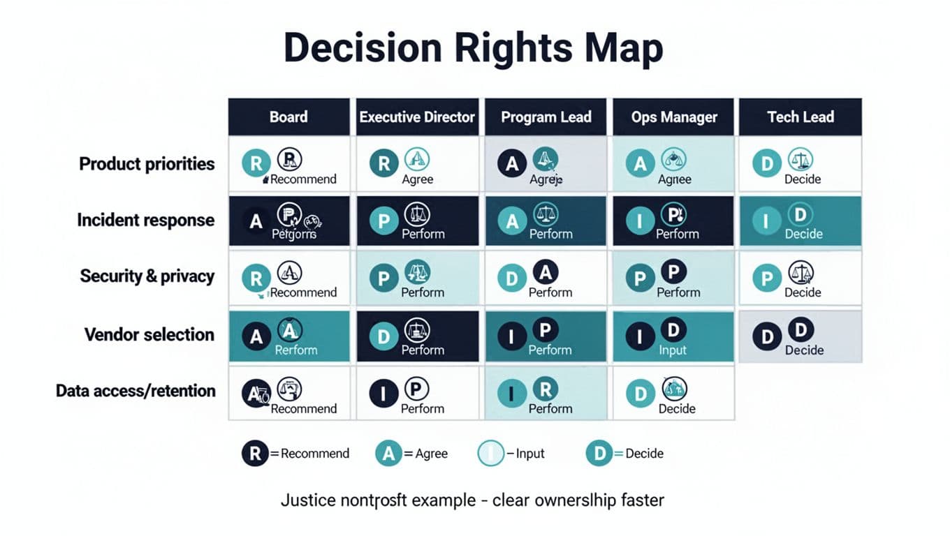 A clean, modern 5x5 infographic matrix displaying RAPID decision rights (Recommend, Agree, Perform, Input, Decide) for Tech & Ops areas like product priorities, incident response, security, vendor selection, and data access in justice nonprofits.