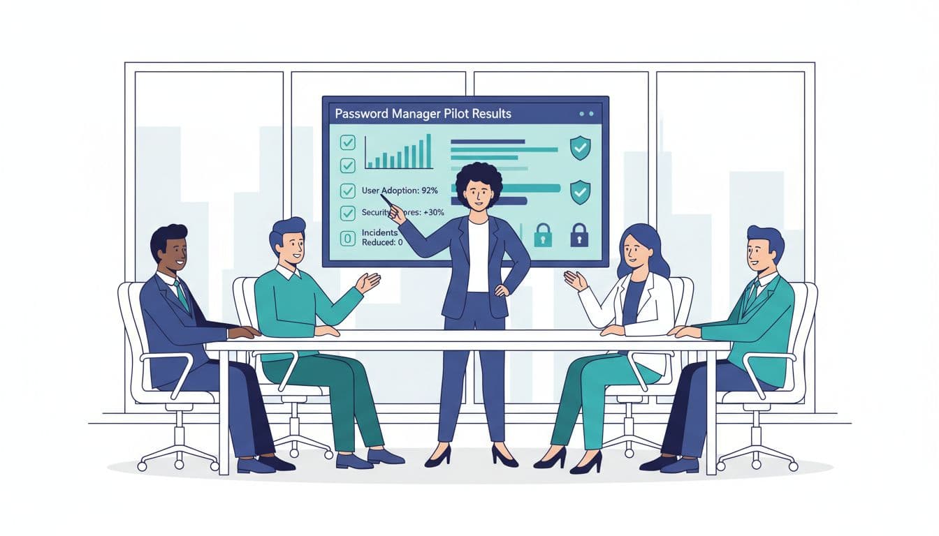 Clean flat vector graphic in corporate style depicting a diverse executive team in a modern conference room analyzing password manager pilot results on a large screen with metrics graphs, green checkmarks, and subtle shield and lock icons.
