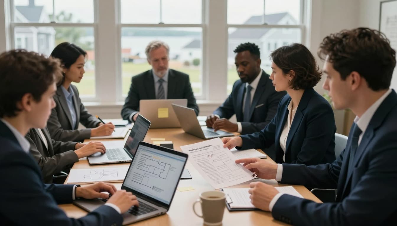Diverse executive leaders from legal partners collaborate around a conference table in a coastal community workspace, reviewing printed documents and laptops showing data flow diagrams for client information security. Soft natural light filters through large windows overlooking a quiet New England town, creating a calm and trustworthy atmosphere.