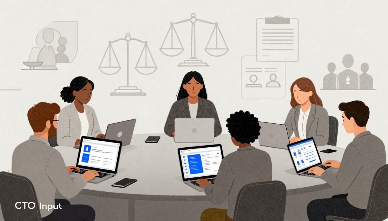 Minimalist sketch-style illustration of a diverse legal nonprofit team and volunteers efficiently collaborating on pro bono cases using laptops and tablets with screens showing volunteer matching, case tracking dashboards, and reports on a clean white background.