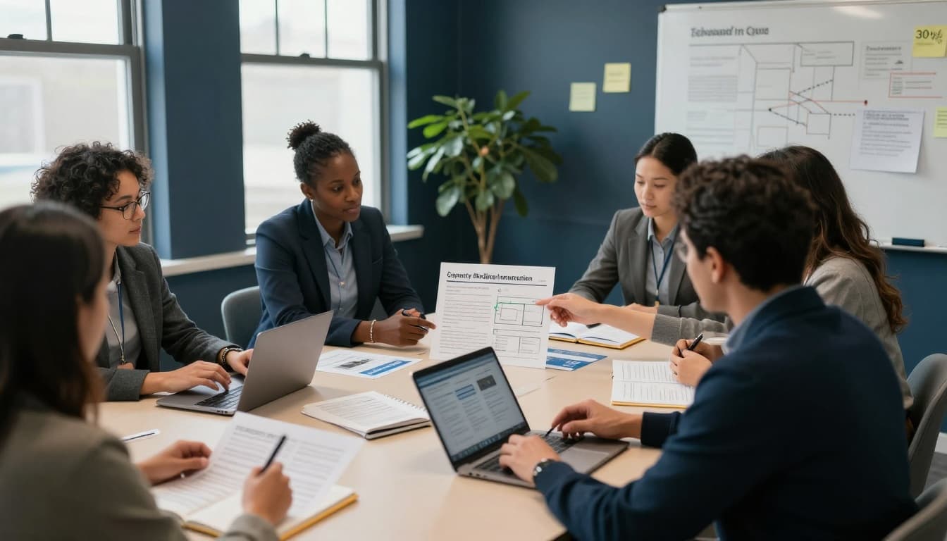 Diverse executive leaders from a capacity building organization review program reports and workflow maps around a conference table in a cozy nonprofit office, discussing outcome standardization.