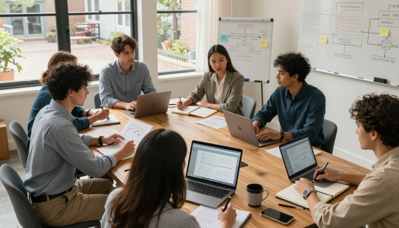 A small group of diverse professionals collaborates on a tabletop exercise in a sunlit community workspace, reviewing network alerts, response steps, and timelines on a wooden conference table.