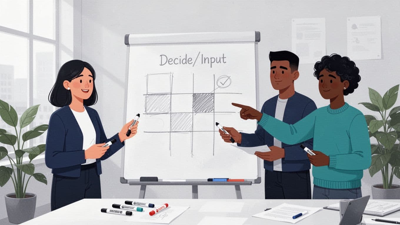 Clean, modern flat vector illustration of a diverse three-person team (woman leading, man noting, non-binary pointing) in a nonprofit office around a whiteboard with a simple decision rights matrix during a 2-week workshop. Features high-contrast accessible colors, calm collaborative mood, modest background with plants and window light.