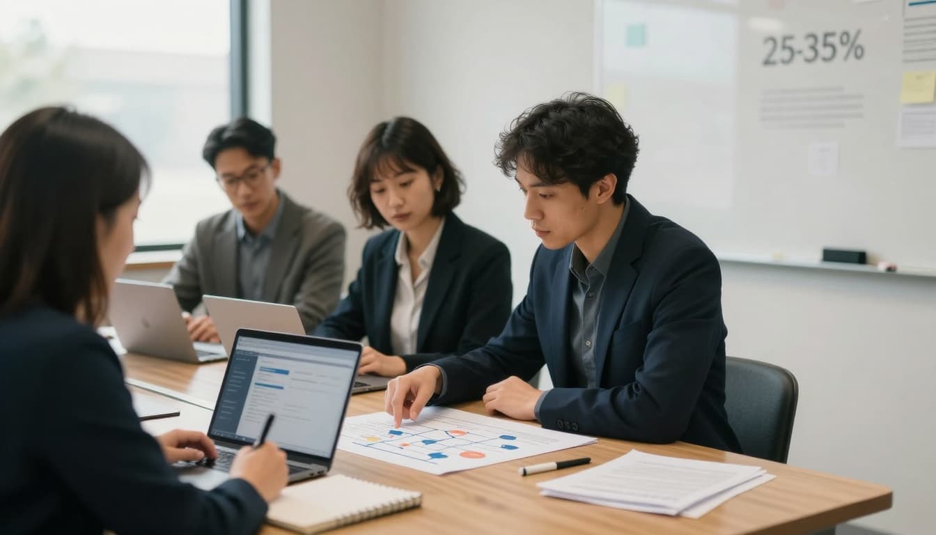 A small team of three diverse professionals from a legal aid organization collaborates in a modest conference room, gathered around a table with a printed flowchart on legal aid intake and casework processes, focusing on disruption risks and operational resilience priorities. The over-the-shoulder view captures a calm, focused discussion with soft natural light and subtle coastal accents.