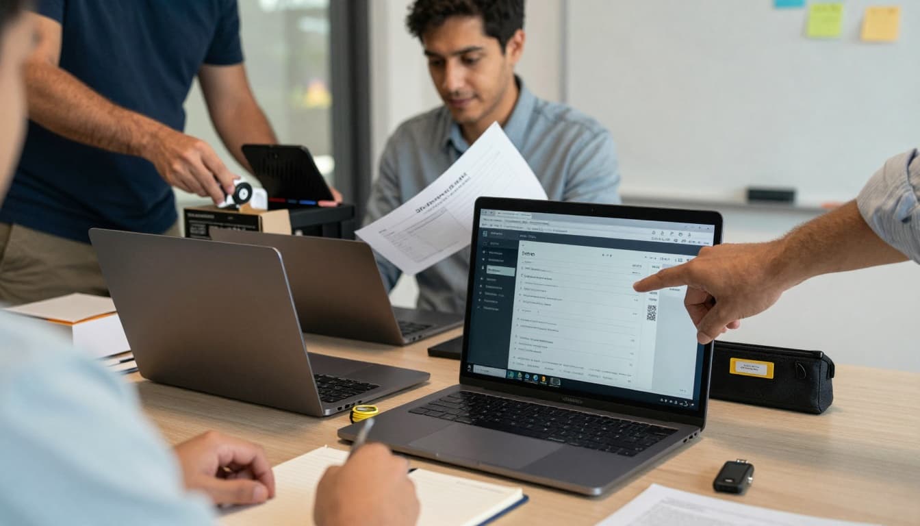 In a quiet modern office, an IT/security lead and operations manager review a printed employee offboarding checklist, while a teammate in the background disconnects a laptop dock for device return, emphasizing calm, focused access removal and security processes.