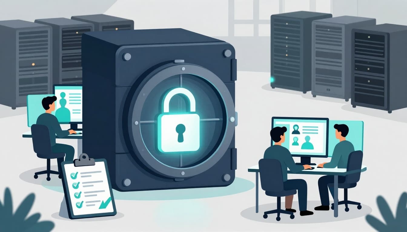 Modern flat vector illustration of a secure digital vault for enterprise password management, featuring glowing locks, multi-user access points, networked servers in an office setting, and a foreground checklist clipboard in navy and teal with high contrast.