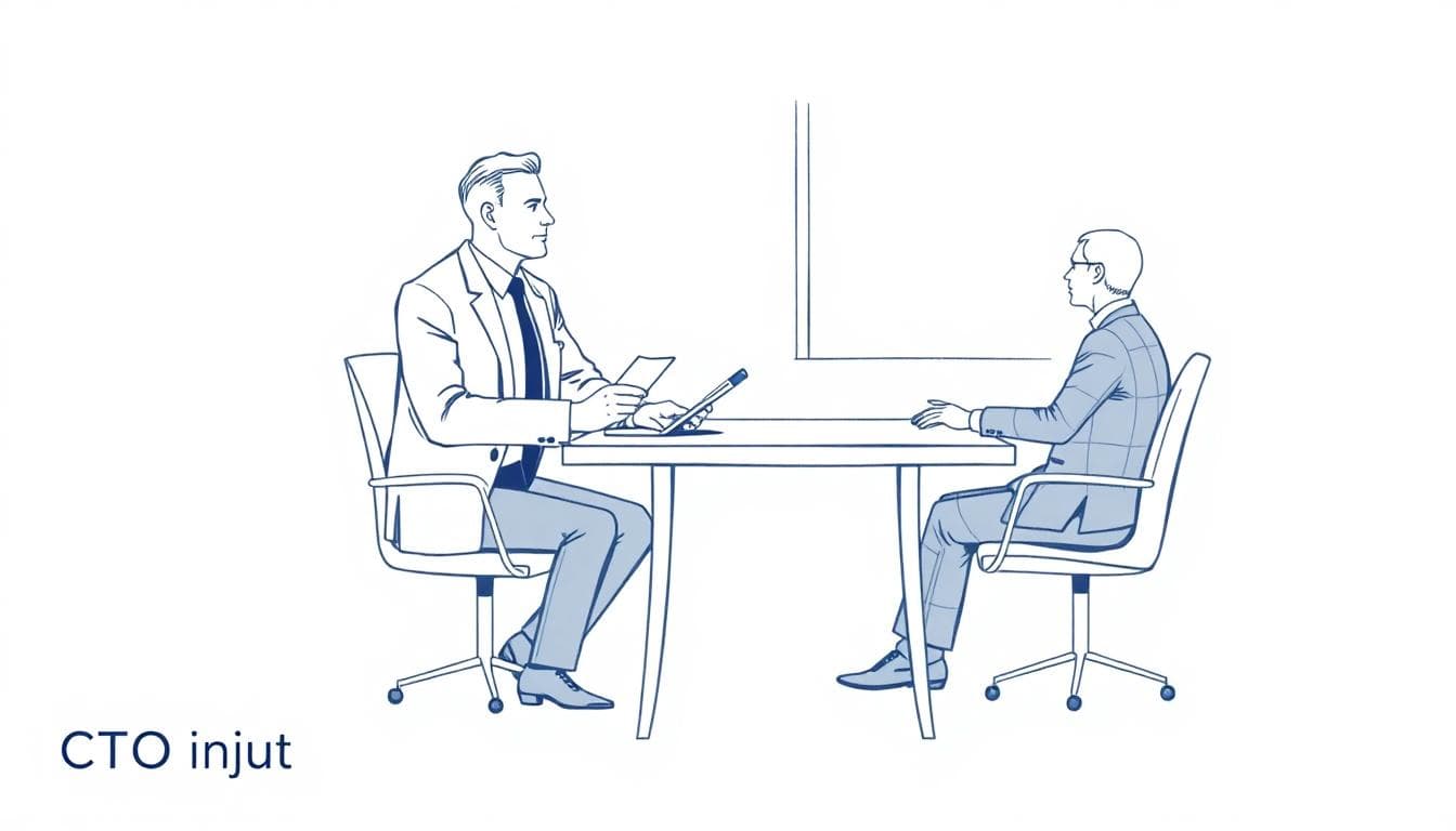 Executive interviewing a CTO candidate across a desk in a modern office, minimalist sketch style