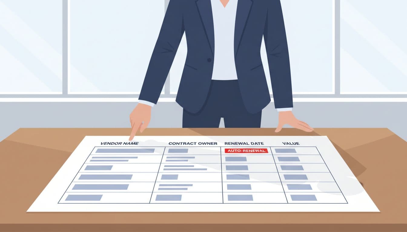 Modern illustration of a simple contract ownership map on a desk with columns for vendor, owner, renewal date, and value; an executive points to a highlighted auto-renewal entry in an office setting.