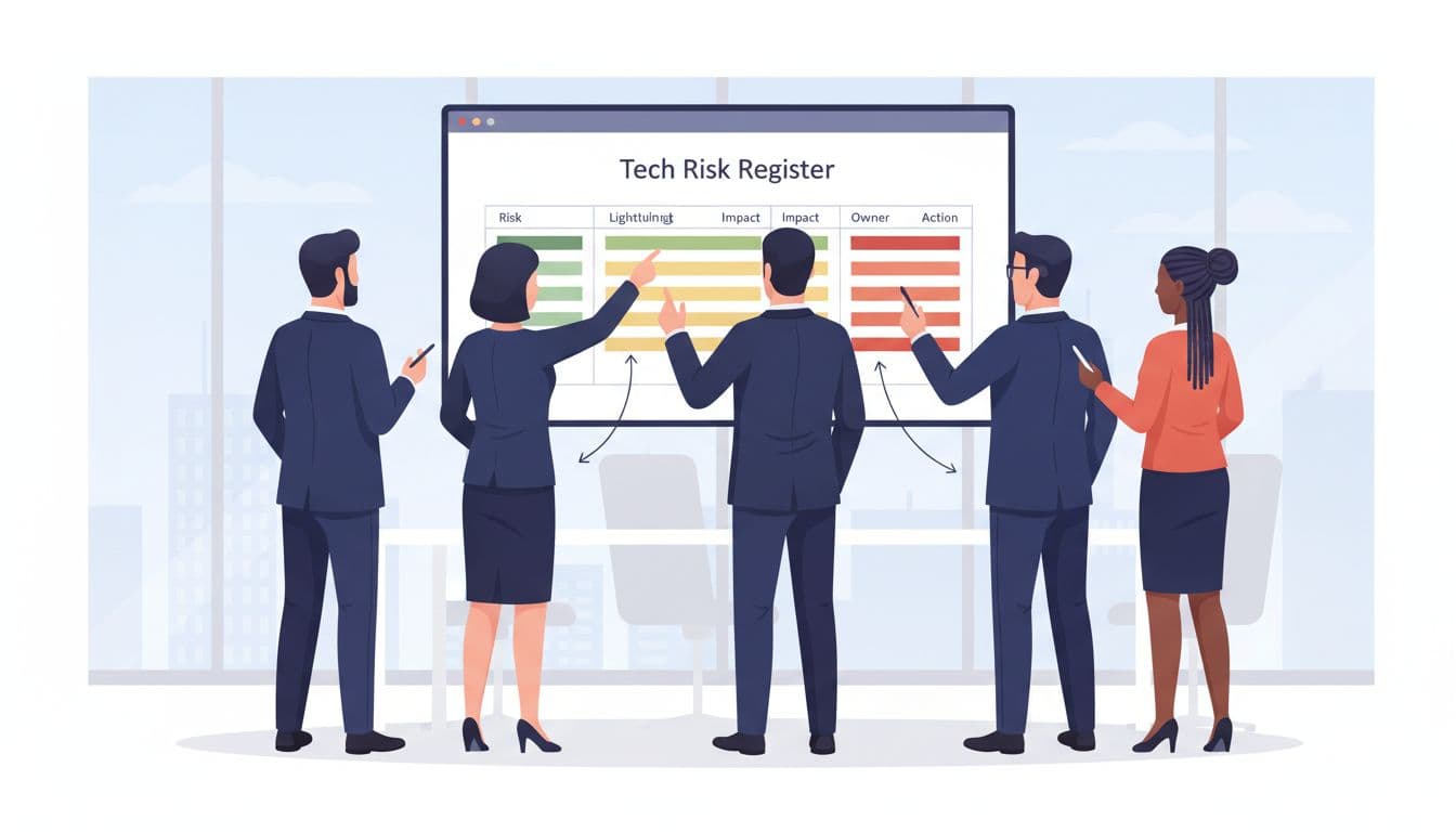 Executive team reviewing a simple tech risk register on a large screen in a boardroom