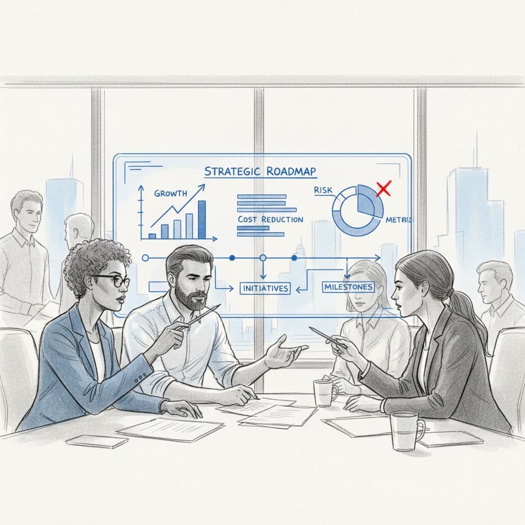 Executives alignment around a shared roadmap in a boardroom