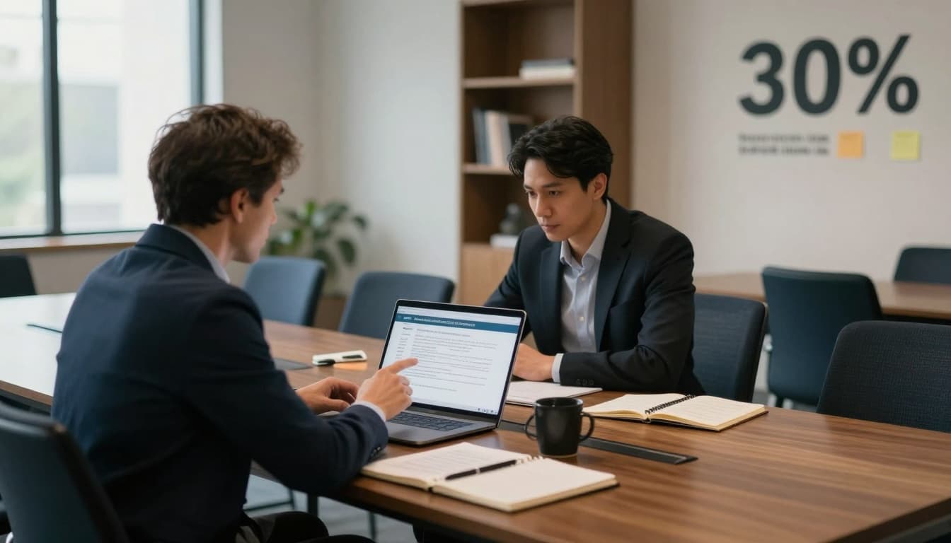 Two executive leaders in business casual attire sit at a modern conference table, one pointing to a printed vendor list while the other examines a laptop displaying a risk assessment chart, embodying calm focus on third-party risks.
