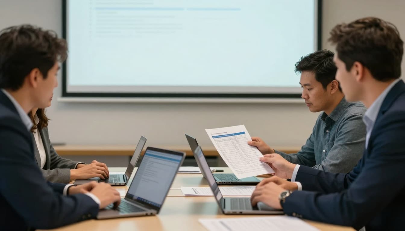Executives gather in a modern training room, discussing governance metrics and incident plans around a table with laptops and printed checklists, one reviewing a shared metrics dashboard printout. The photo-realistic scene evokes calm focus and New England innovation in a documentary style.