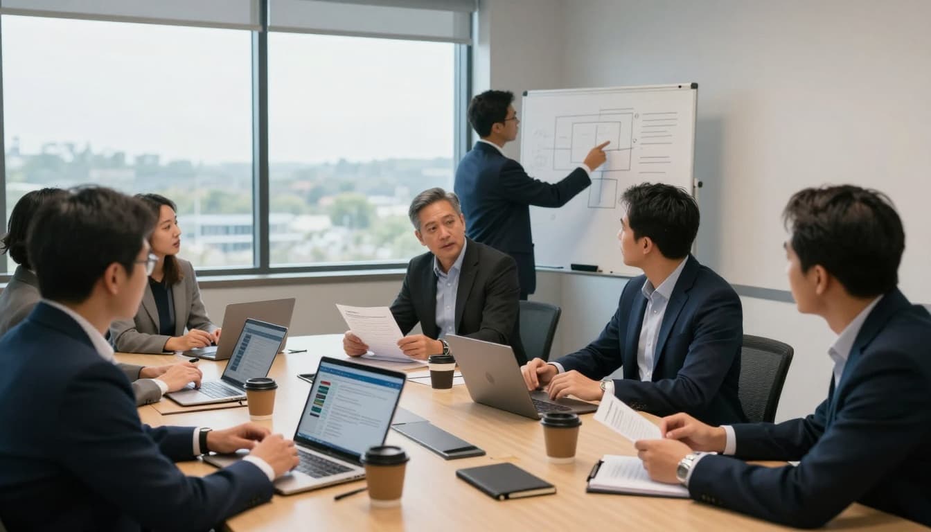 A small group of legal services executives and board members discuss a ransomware response plan during a tabletop exercise in a modern conference room, reviewing printed documents and laptops.