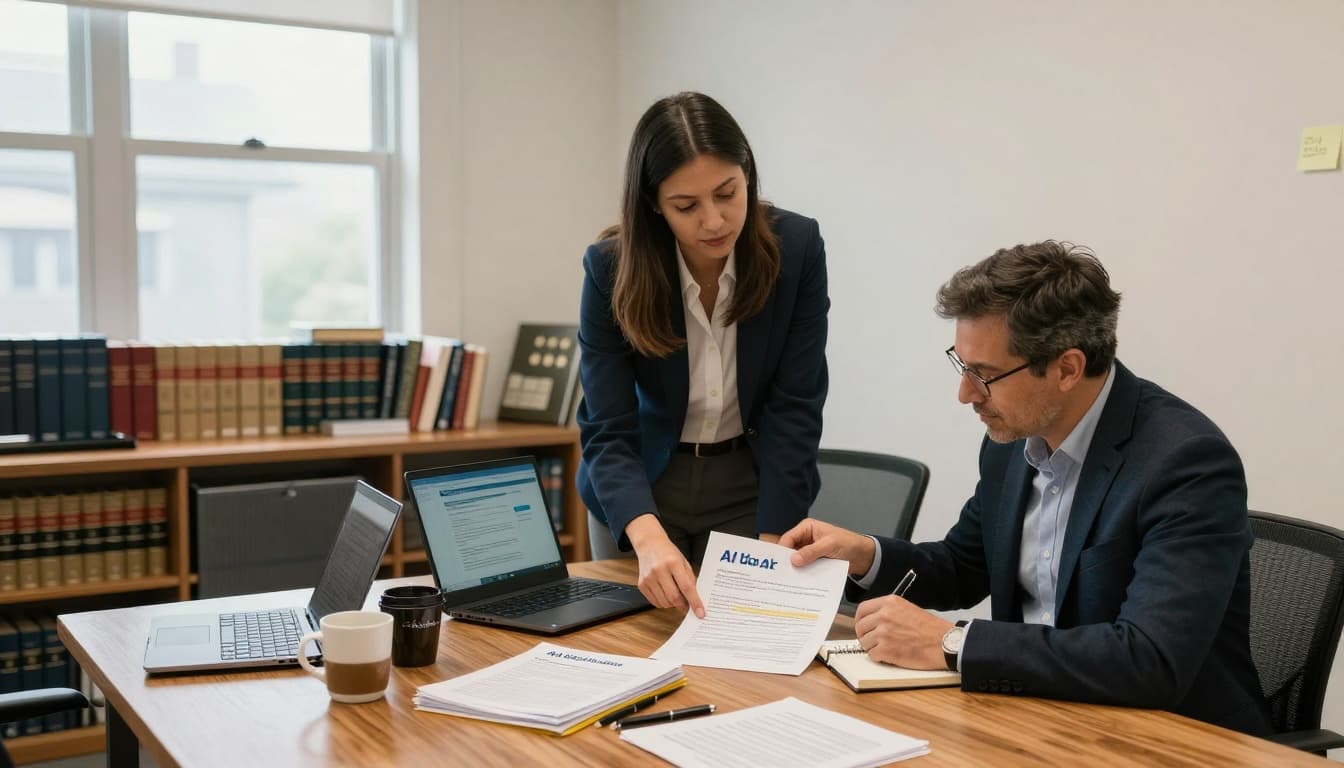 Two executive leaders at a legal nonprofit seated in a cozy conference room, reviewing printed AI vendor due diligence checklists, security audits, and data privacy agreements, with one pointing to bias risks.
