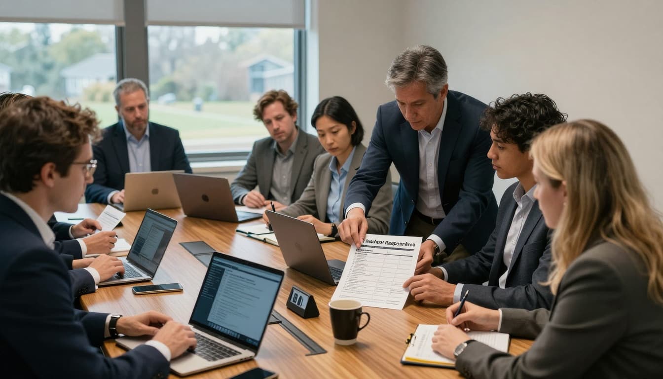 Executives reviewing an incident response checklist together in a conference room.