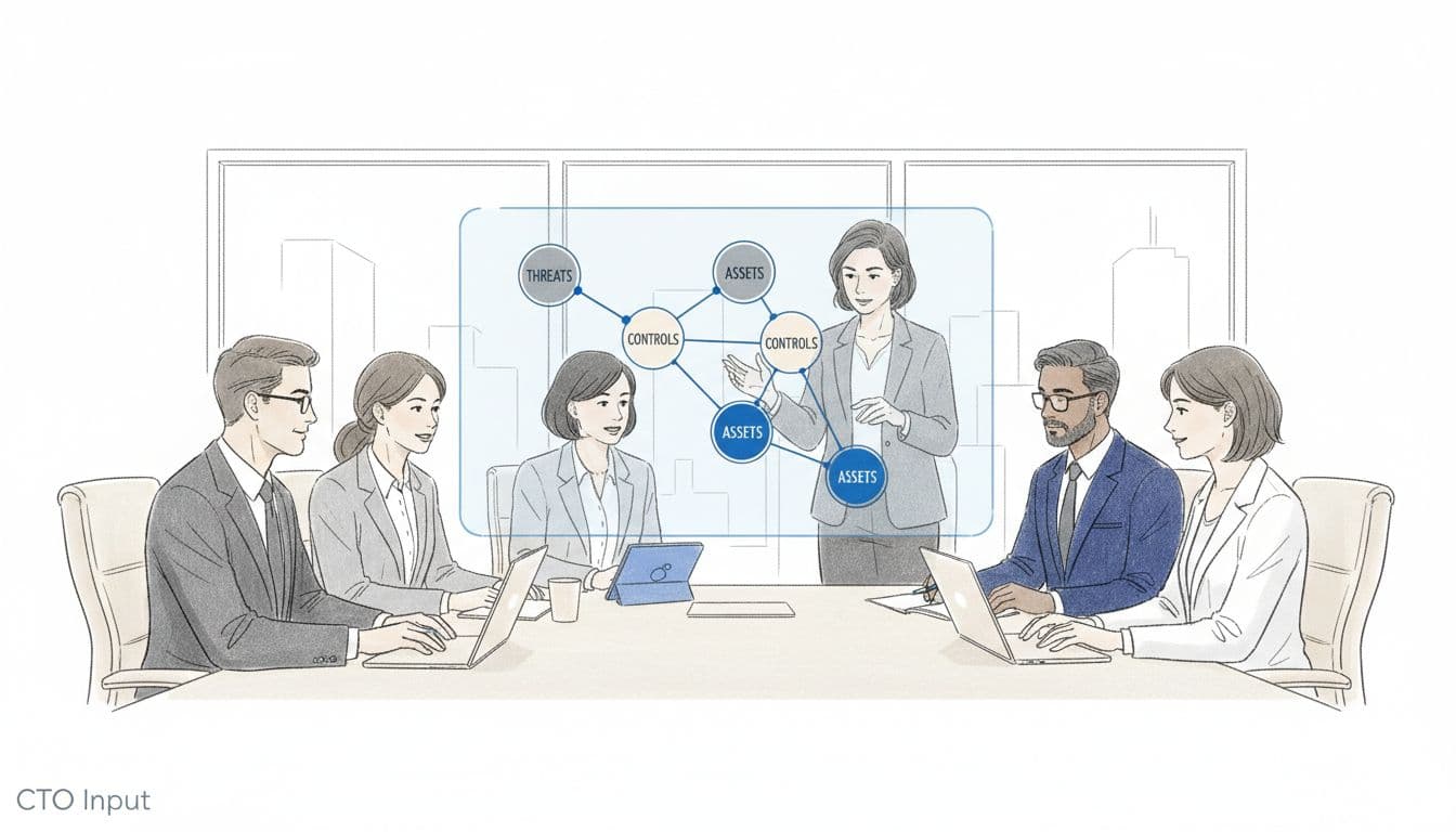 Board executives reviewing a cyber risk framework on a large screen in a modern conference room, minimalist sketch style illustration. Image created with AI.