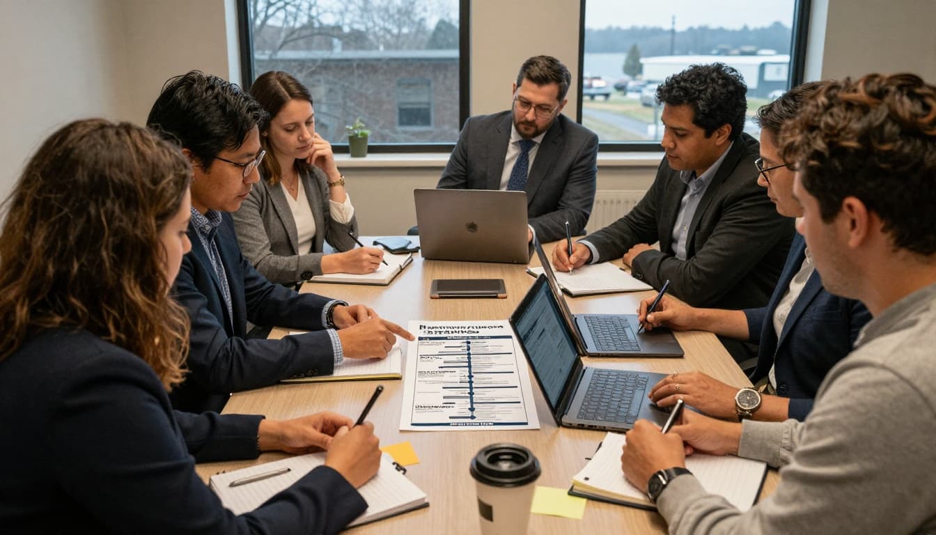 Executive leaders in a legal aid office conference room collaboratively review printed ransomware response plans, one pointing to a timeline while others take notes amid closed laptops. The scene conveys calm focus and resilience in soft natural light from overcast windows.