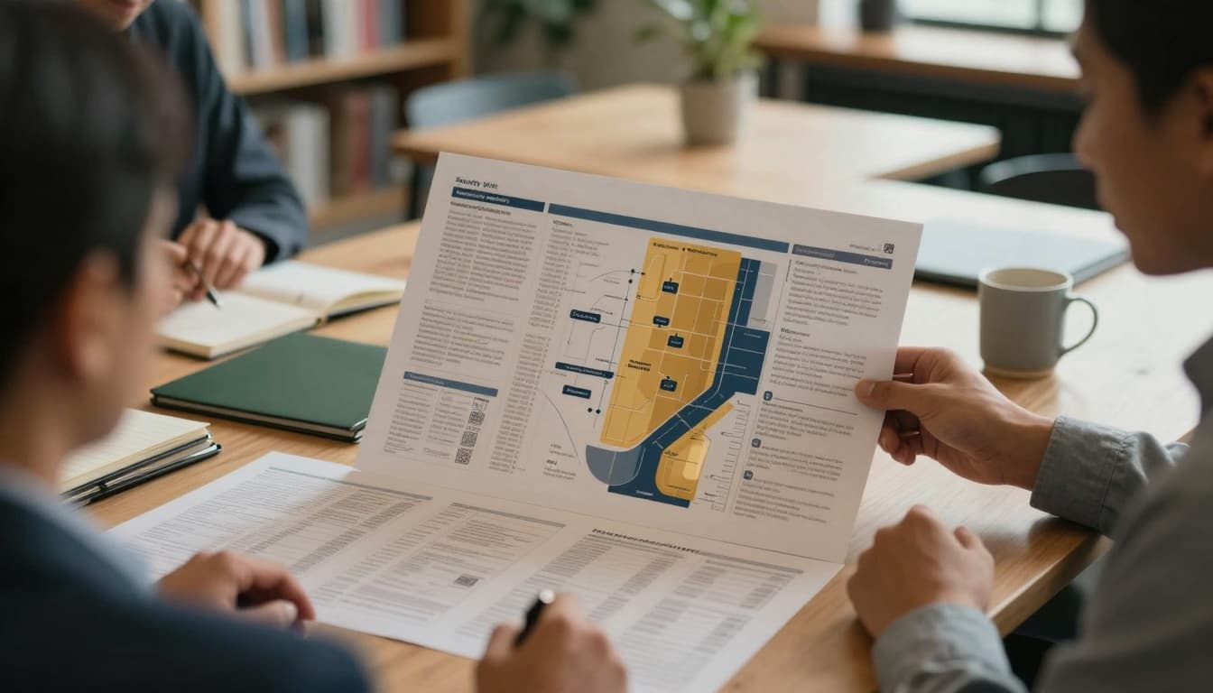 A group of business leaders and a consultant collaborate over a printed security roadmap and vendor checklist in a sunlit community workspace, capturing a mood of calm focus and practical innovation.