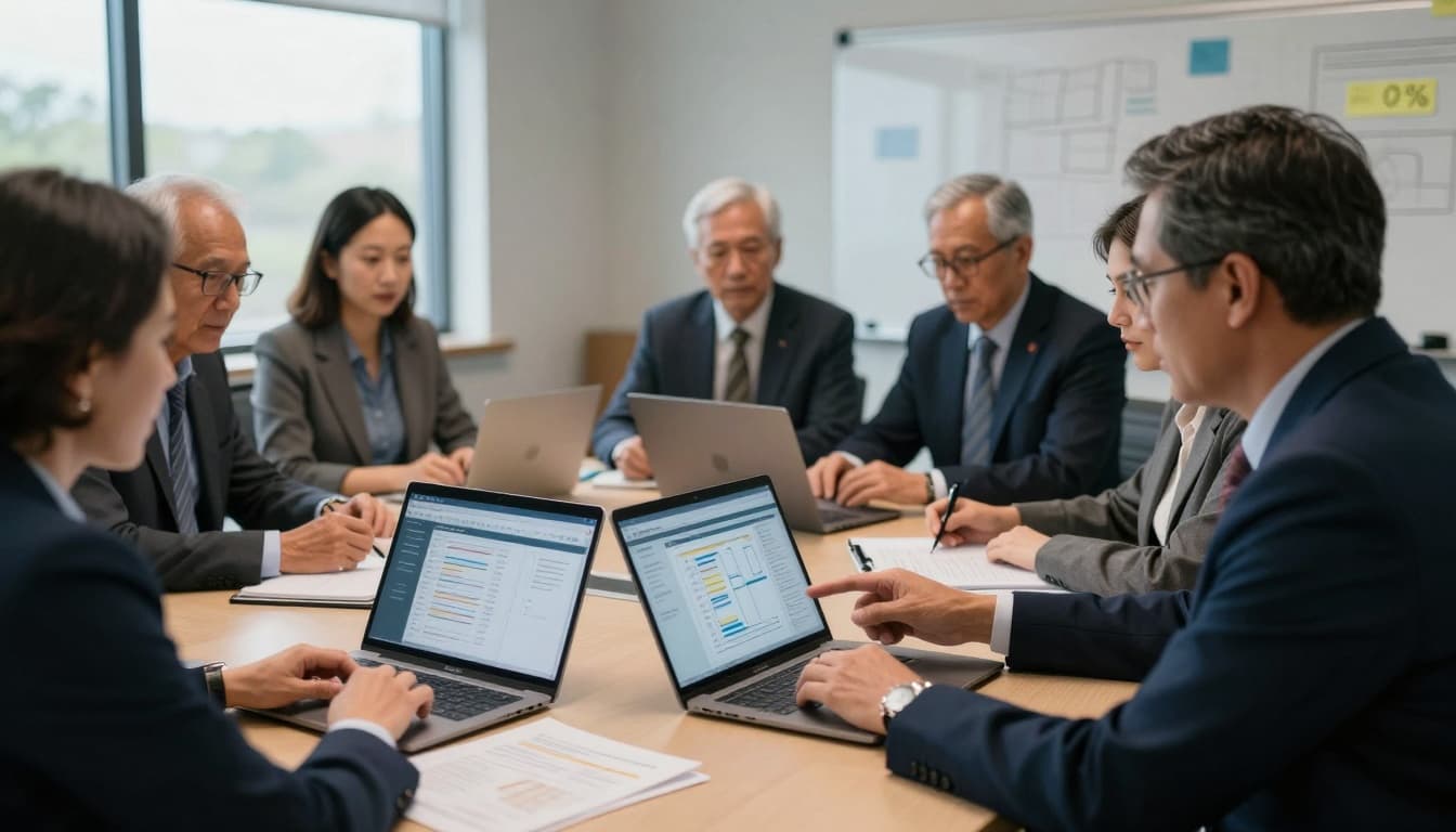 In a modern conference room bathed in soft natural light, a diverse group of senior executives and staff collaboratively review printed stability plans and laptops displaying workflow maps, engaged in a calm discussion on improving system uptime and service continuity.