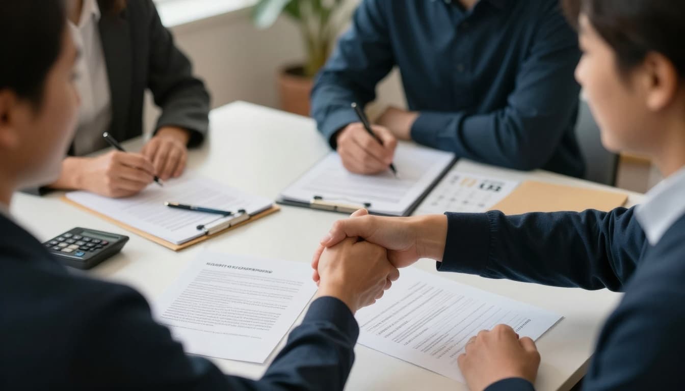 Over-the-shoulder view of executive leaders shaking hands across a table after scorecard review and vendor contract negotiation in a modern community workspace, highlighting practical savings and resilient decision-making.