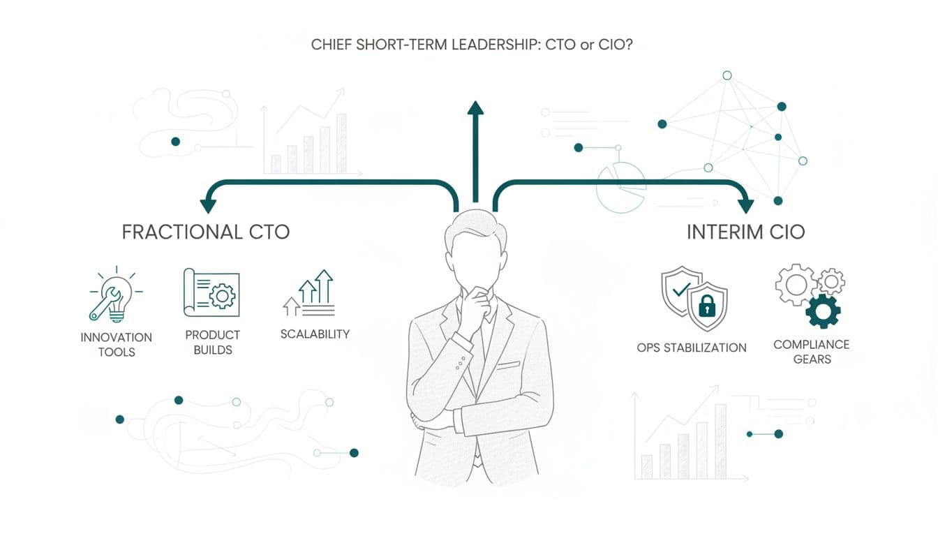 Minimalist illustration of an executive choosing between fractional CTO and interim CIO paths