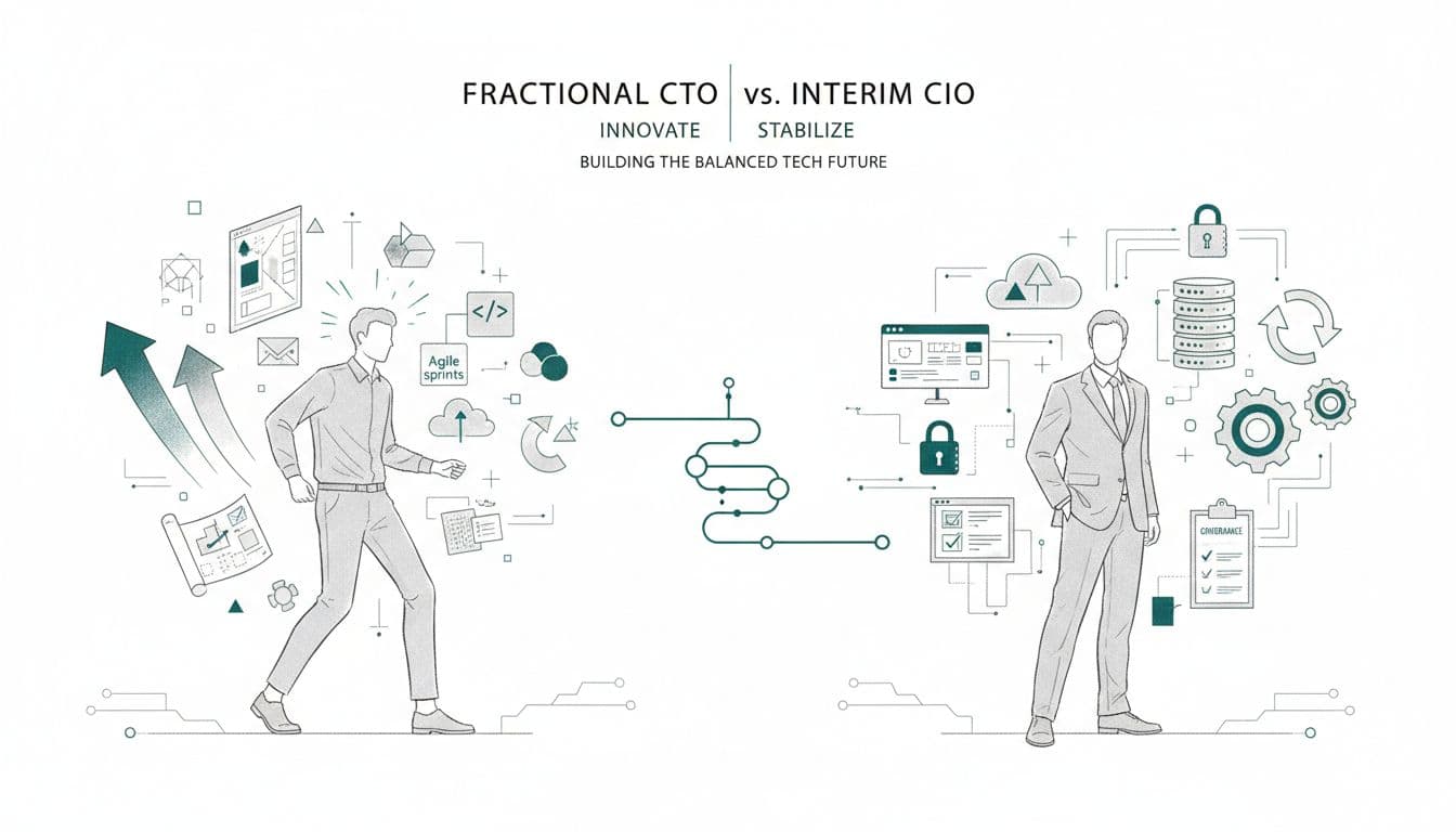 Minimalist illustration of fractional CTO and interim CIO roles on a shared tech roadmap