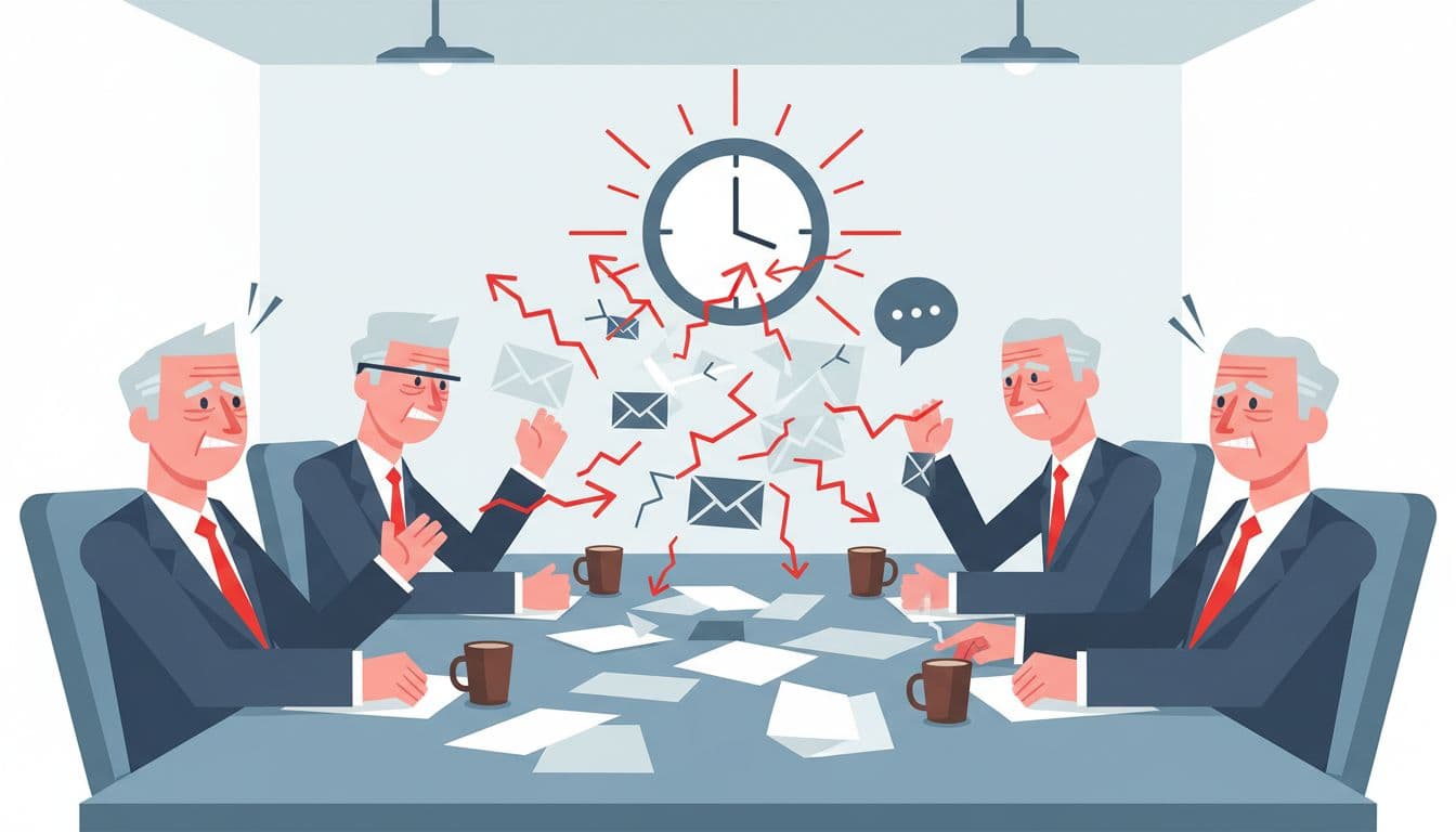 Modern illustration of four stylized senior executives in a conference room looking frustrated as email and request icons bounce like ping pong balls across a cluttered table, with a large wall clock emphasizing time delays and confusion.