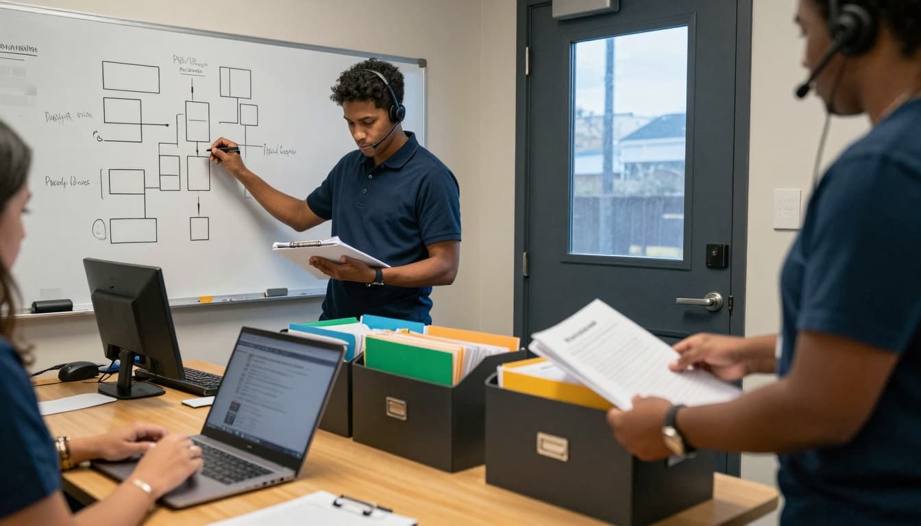 A small human services intake team collaborates in a calm office setting, aligning on a streamlined single front door approach with tools emphasizing privacy and efficiency.