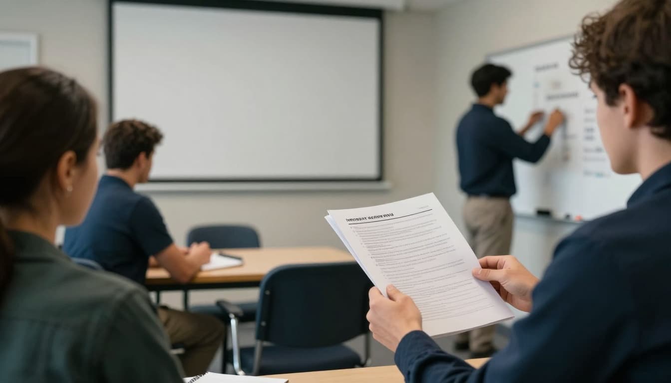 A photo-realistic editorial image in a quiet documentary style depicting a three-person team in a training room practicing incident response: one with a printed playbook, another simulating communication on a notepad, and the third reviewing roles on a whiteboard with indistinct shapes.