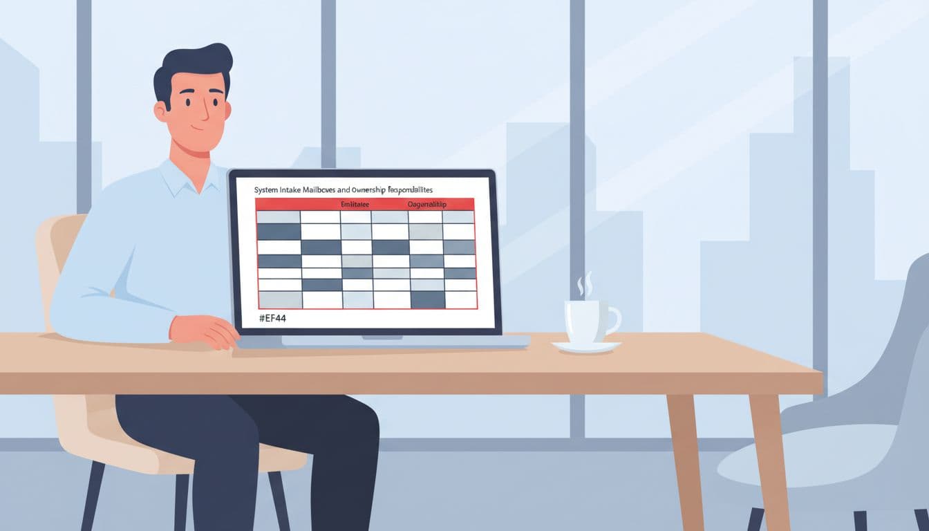 Modern illustration of a clean grid matrix table showing intake mailbox owners' responsibilities on a laptop screen in a modern office, with one calm executive reviewing it at a desk with coffee.