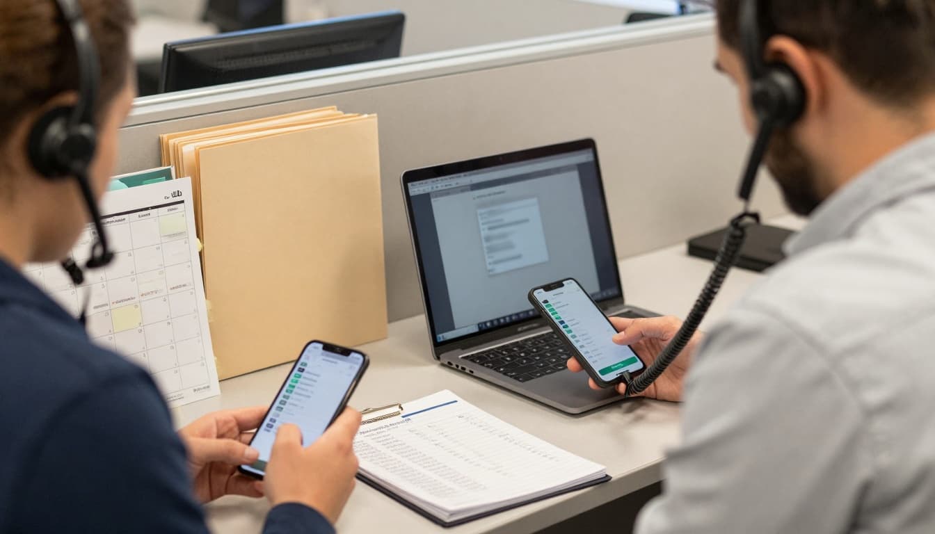 Over-the-shoulder view of intake staff in a quiet community workspace: one wearing a desk phone headset on a callback call, noting details on a notepad, while another reviews blurred SMS confirmations and time slots on devices.