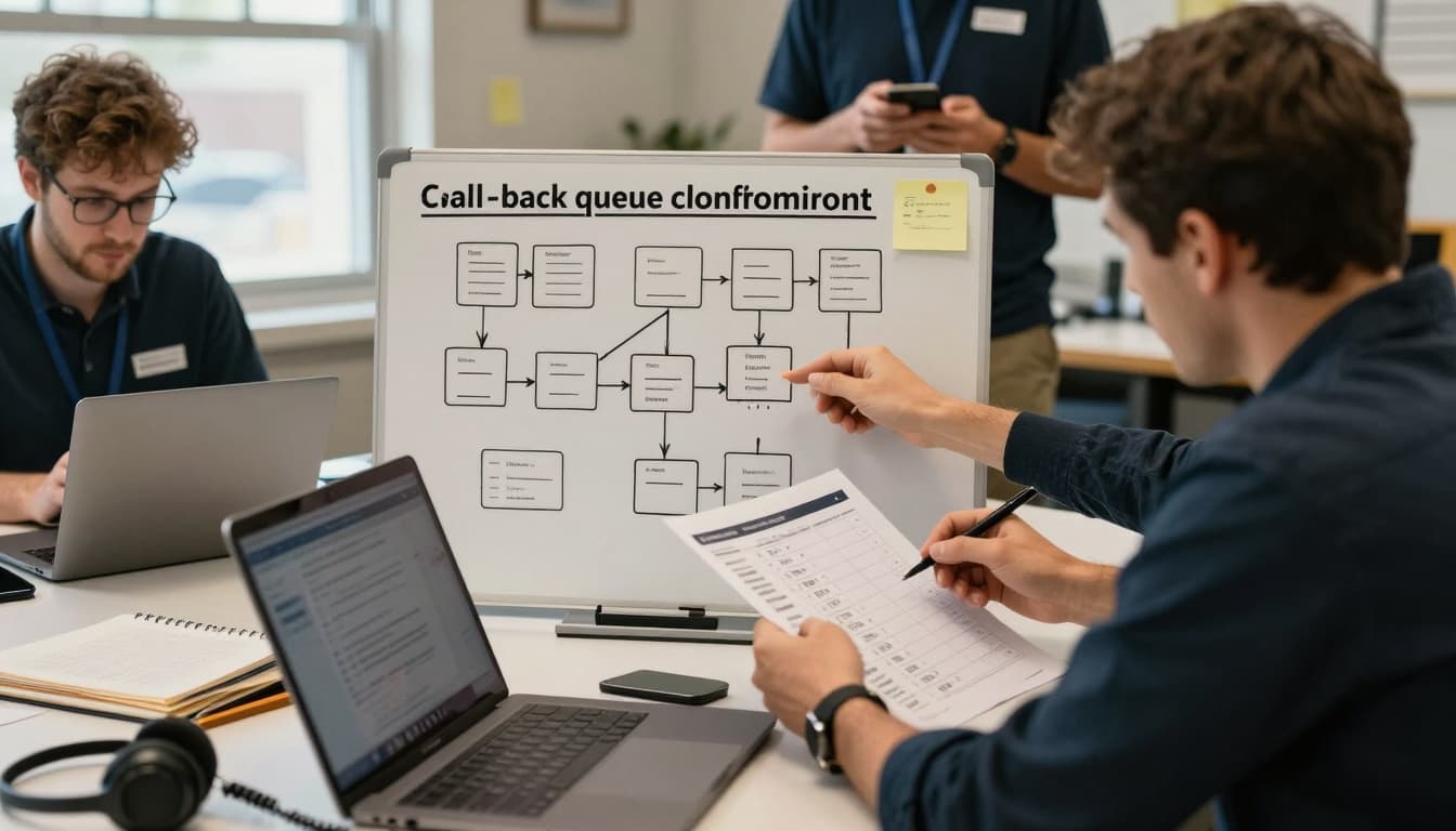 Over-the-shoulder view of an intake operations team in a calm New England office collaborating on a call-back queue system, featuring a whiteboard call-flow diagram and SMS workflow validation.