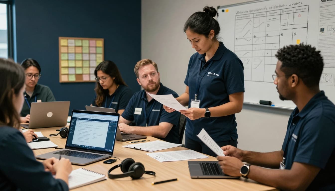 Intake staff reviewing triage criteria during a daily huddle