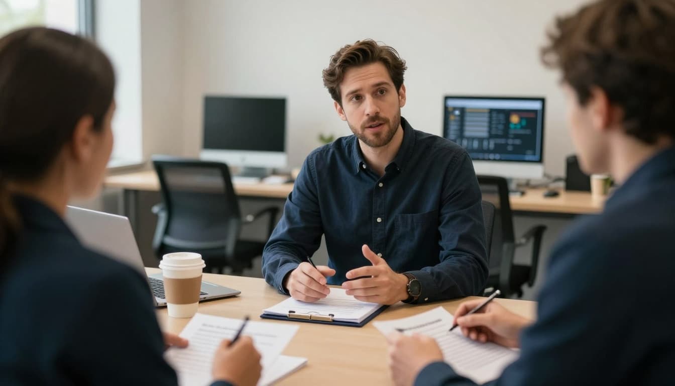 Photo-realistic editorial image in a quiet documentary style depicting an IT leader in a small office, notepad in hand, listening intently as court services staff describe workflow bottlenecks and outage issues. The calm, focused scene features soft natural light and a clean composition with shallow depth of field.