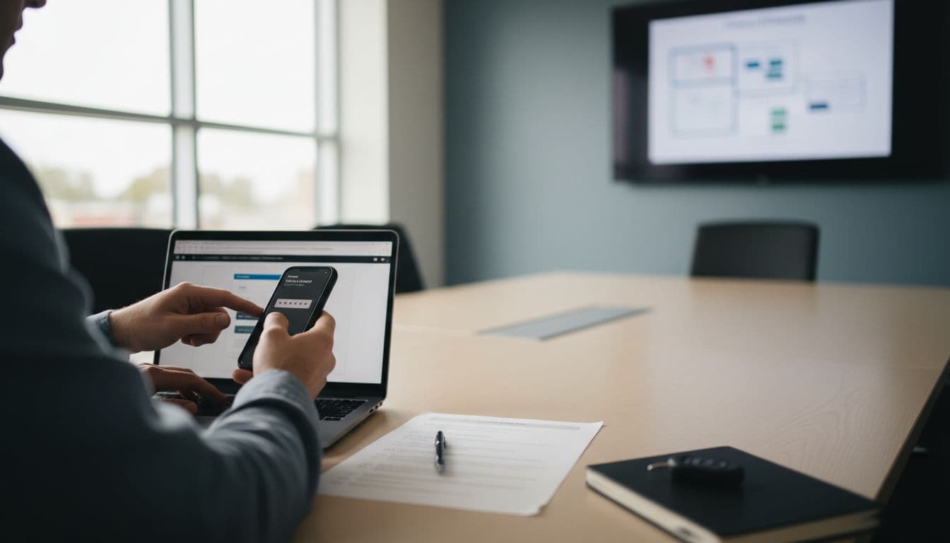 Over-the-shoulder view in a community center conference room where staff update passwords on a secure app and test multi-factor authentication, surrounded by checklists and a policy diagram, in a calm documentary style.