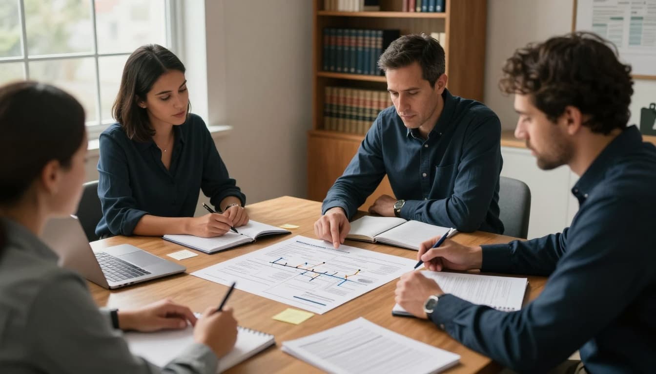 Justice nonprofit leaders reviewing an implementation roadmap in a calm meeting.