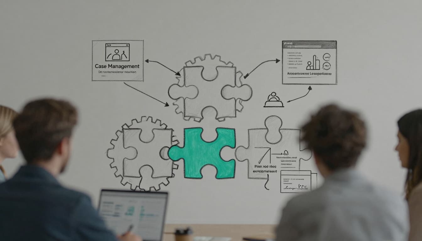 Minimalist sketch of interconnected puzzle pieces showing case management, CRM, automated reporting, and secure sharing working together.