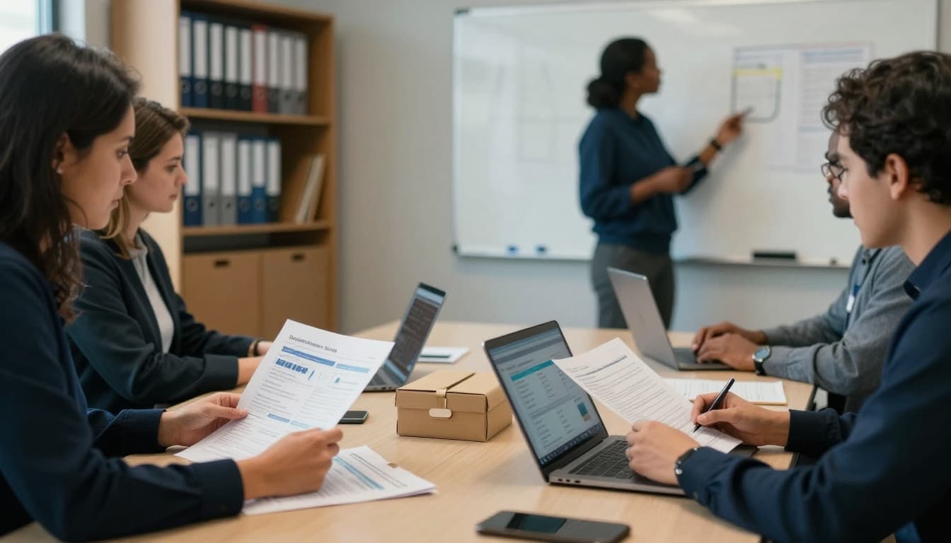 Photo-realistic documentary-style image of justice nonprofit leaders in a modern New England community workspace conference room, calmly reviewing data printouts, checking secure laptop dashboards, and discussing metrics on a whiteboard.