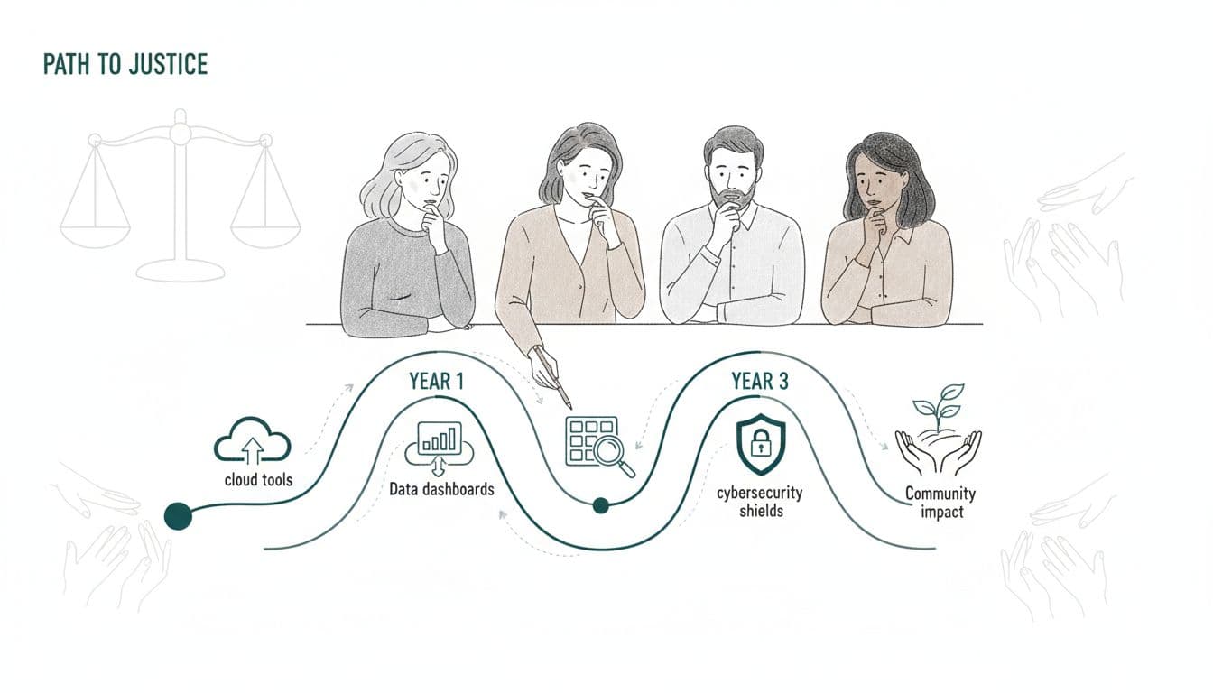 Minimalist sketch of justice-focused nonprofit leaders gathered around a 3-year roadmap diagram with icons for data, cloud, cybersecurity, and community impact.