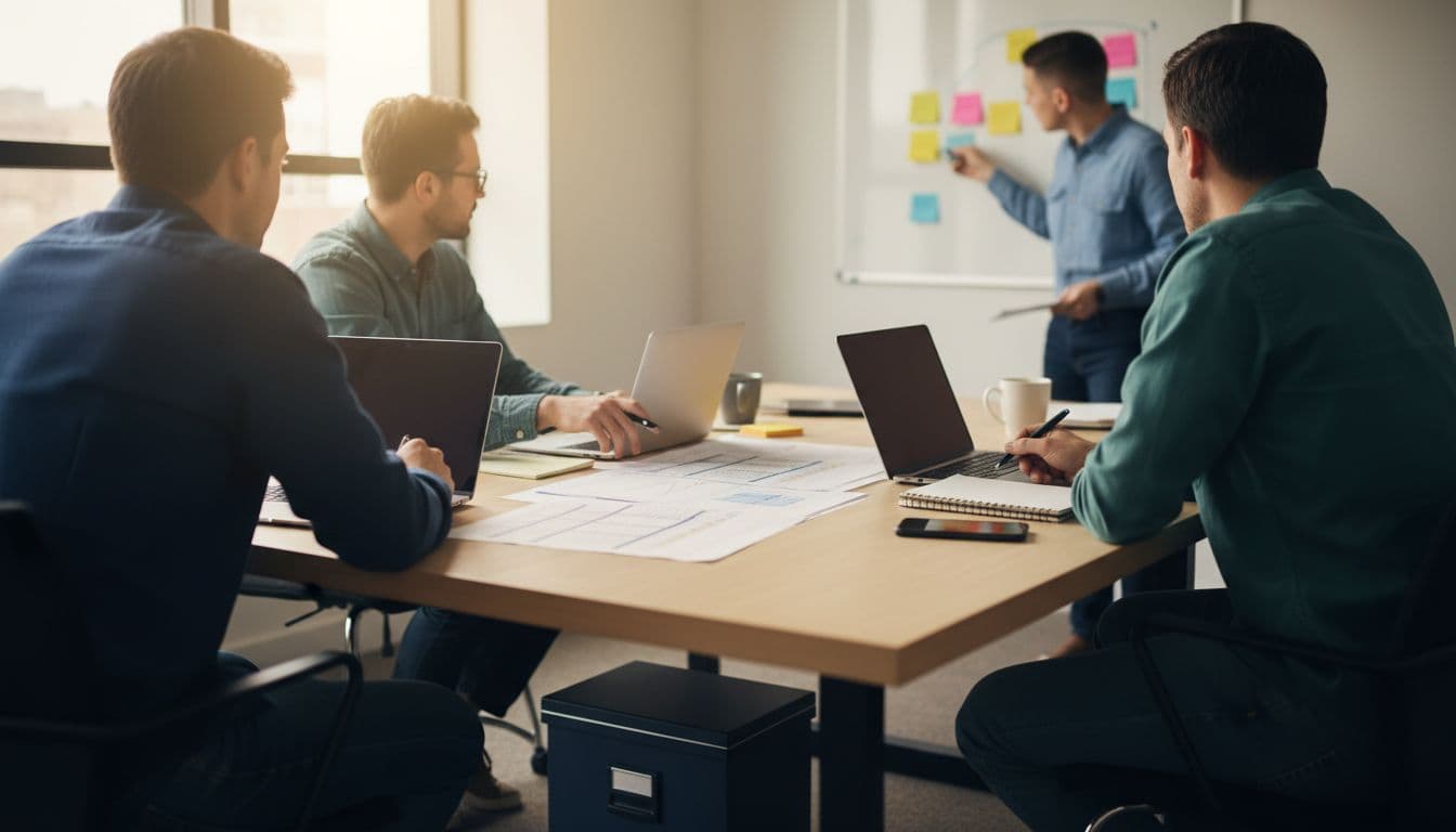 A small justice nonprofit operations team collaborates in a quiet community workspace conference room, reviewing unreadable printed software inventory spreadsheets, comparing laptop notes, and consolidating SaaS tools while discussing security.