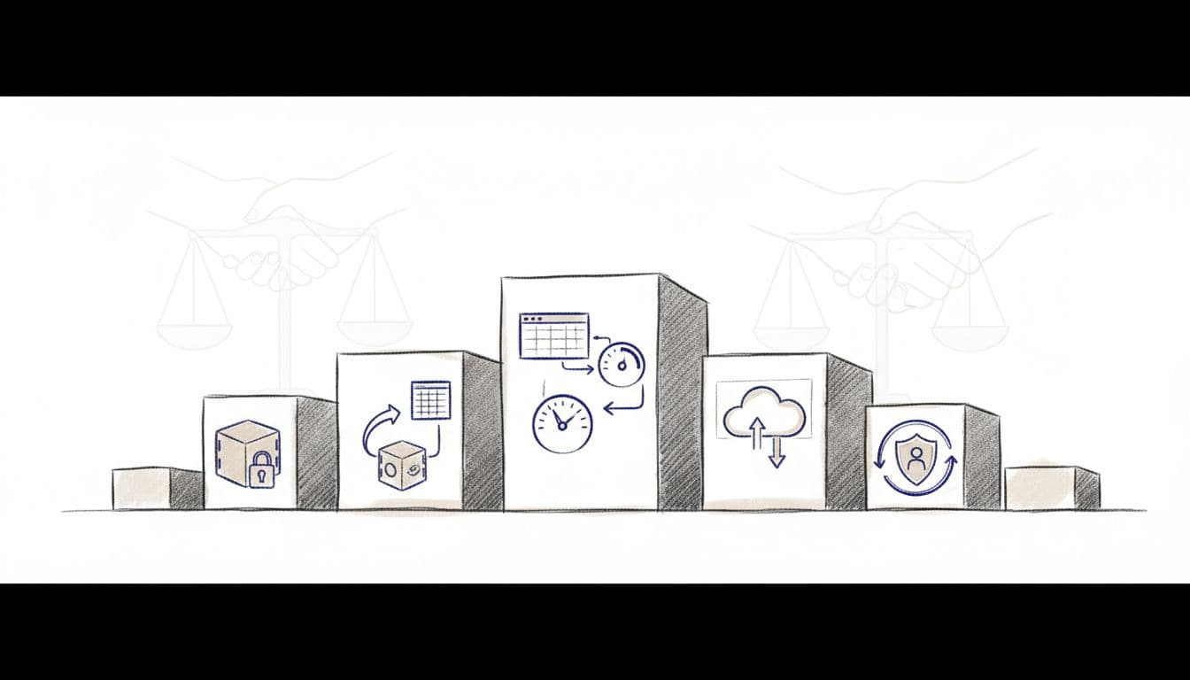Minimalist sketch of a sturdy foundation with secure data vaults, cloud symbols, and protective shields for sensitive client information.
