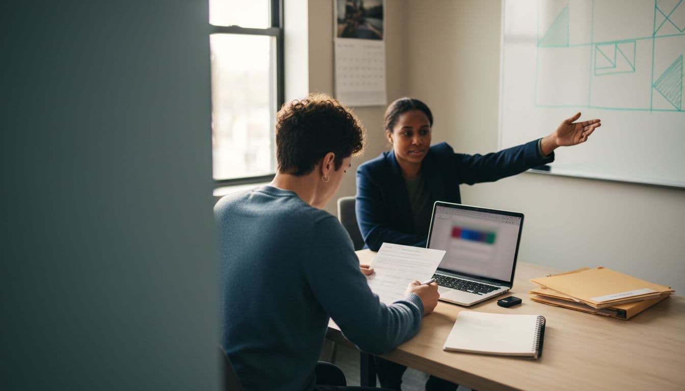 A small team at a justice nonprofit collaborates in a calm, focused planning session for a minimum viable security program, featuring authentic office tools like a whiteboard, blurred laptop, and hardware token.