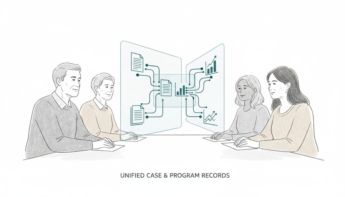 Minimalist sketch illustration of diverse nonprofit staff collaborating around a shared data dashboard.